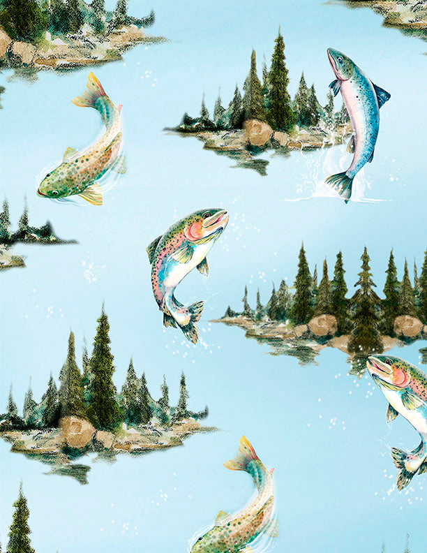 Reeled In - Lake Scenic with Fish Light Blue