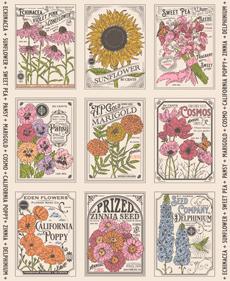 My Secret Garden Vintage Seed Packet Panel 36" x 44" Cloud
