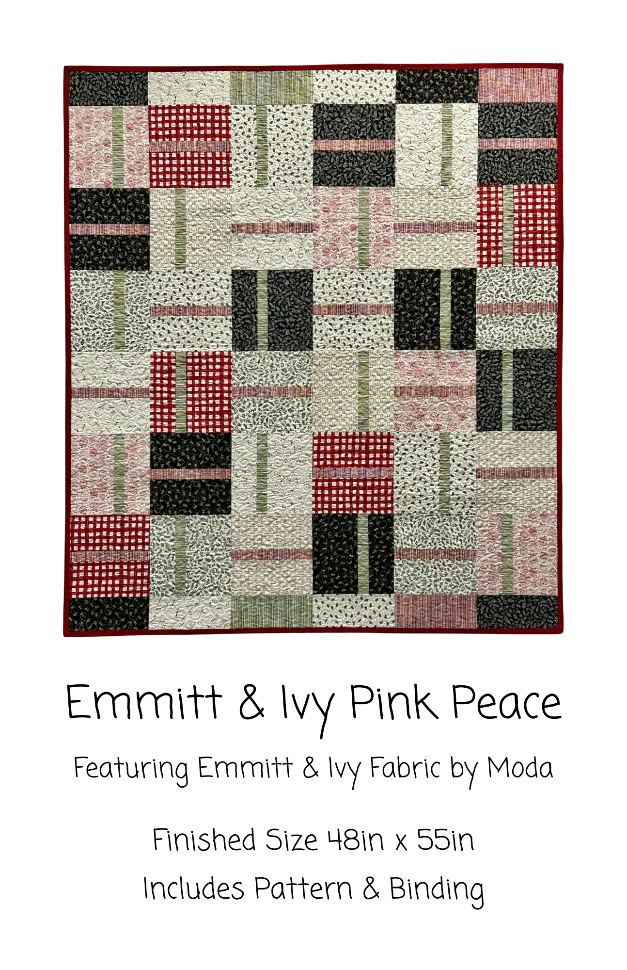 Emmitt & Ivy Pink Peace Kit, 48 x 55, Pattern & Binding Included